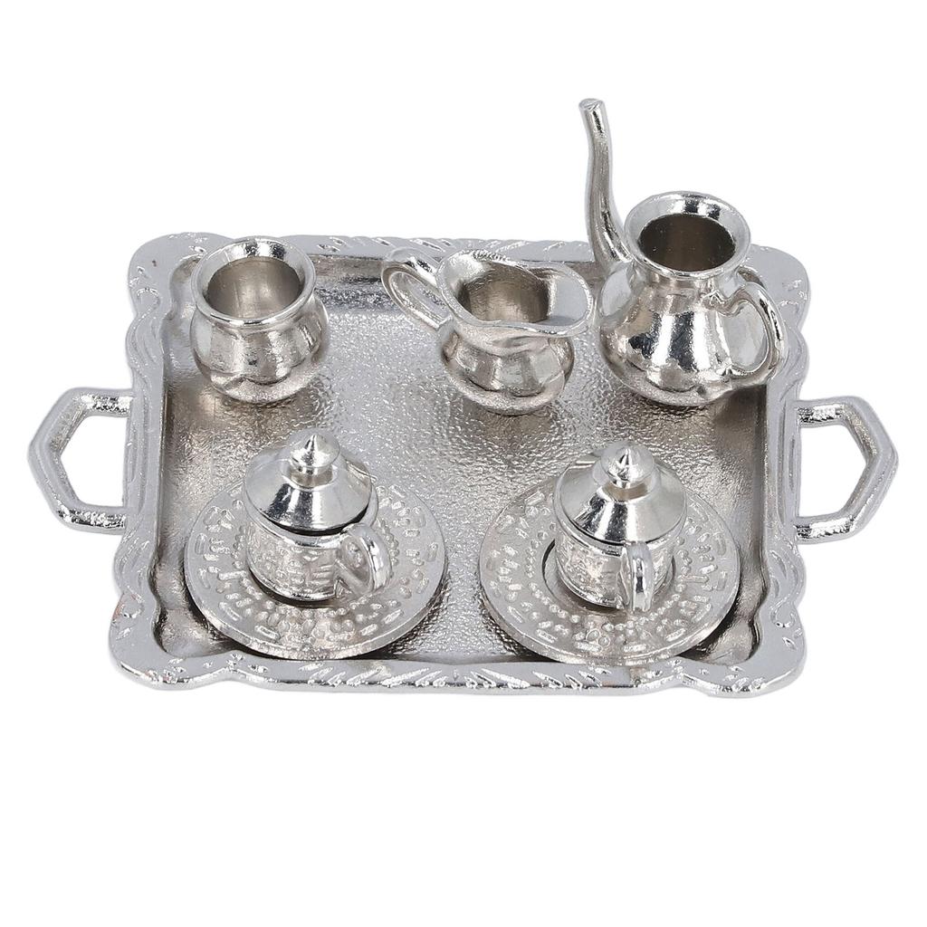 Miniature Tea Set Lifelike Alloy Dollhouse Tea Set Interactive Miniature Teapot Cup Plate Educational Dollhouse Kitchen