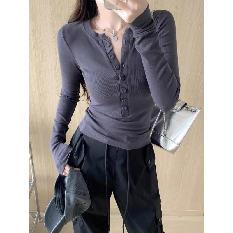 Skinny Spice Girl Single-breasted Long Sleeve Shirt Women's Spring Front Shoulder Skinny Top with White Bottom Shirt