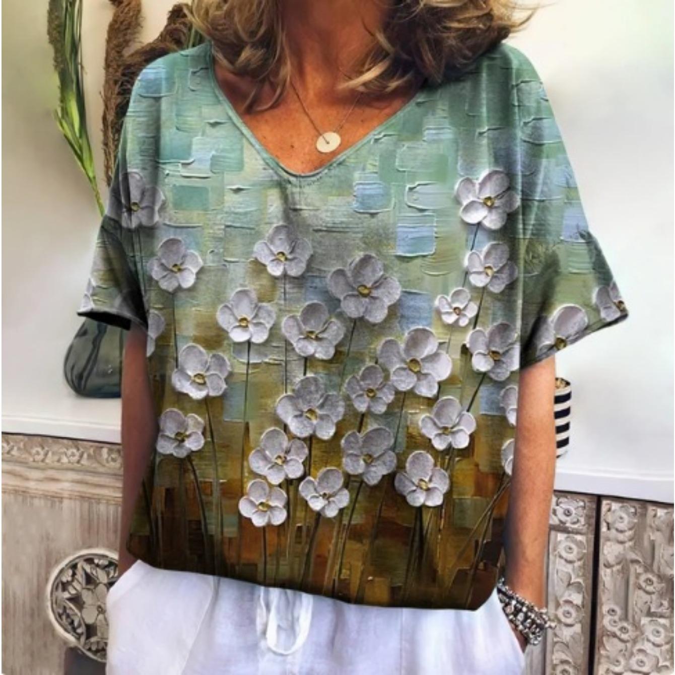 

Summer V-neck 3D Printed Oil Painting with Floral Pattern Top Fashionable Casual Short Sleeved Women s T-shirts 5XL