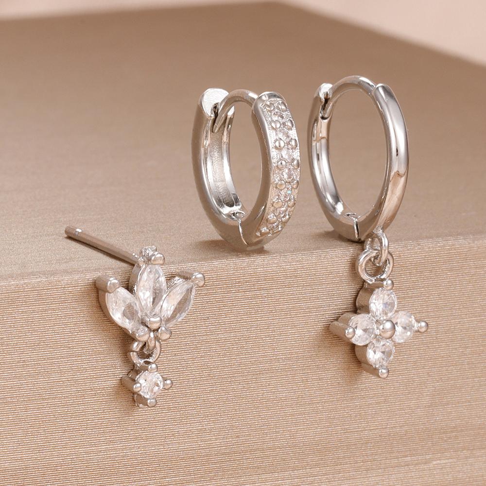 3-teiliges Modisches Orange Blau Zirkon Hängende Ohrringe Set für Damen Edelstahl Blume Dangle Ohrring Piercing Schmuck