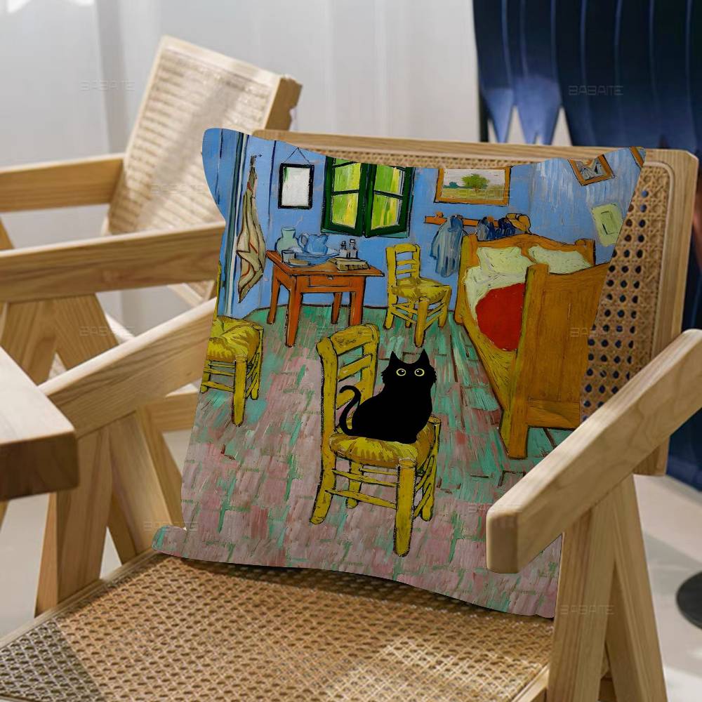 Svart Katt Van Gogh Kuddfodral Tecknad Gåva Kuddfodral Sovrum Hem Soffa Stol Säte Dekor Kuddfodral