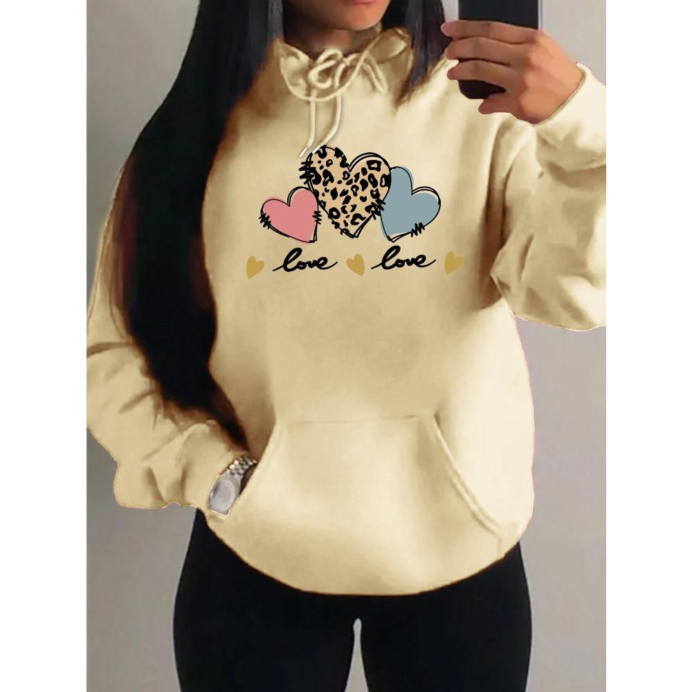Pink Leopard Print Heart Combination Printing Women Hoody Loose Hip Hop Hoodie Casual Fleece Sportswear Y2K Hoodies