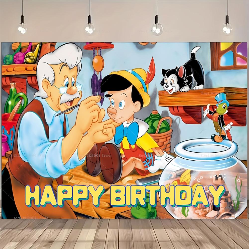 Kids Birthday Party Backdrop Disney Pinocchio Classic Wooden Puppet Baby Shower Banner Studio Photography Background Supplies