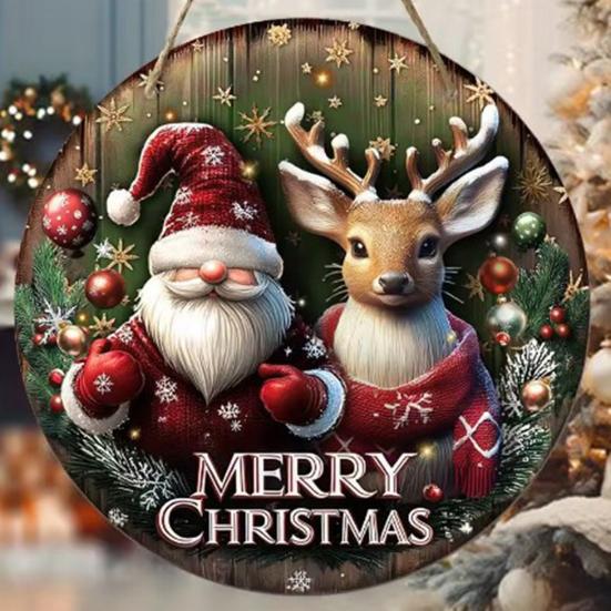 Round Christmas Wooden Wreath Sign Festive Wall Hanging Decor for Indoor Door And Holiday Home Display Crafted Sign