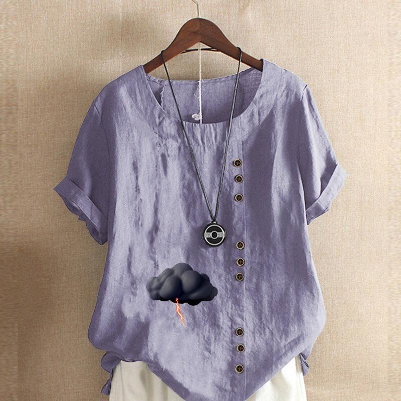 Women's Fashion Round Neck Short Sleeve T-shirt Casual Cotton Linen Graphic Shirt Leisure Loose Dark Clouds Prined Summer Blouse Tops
