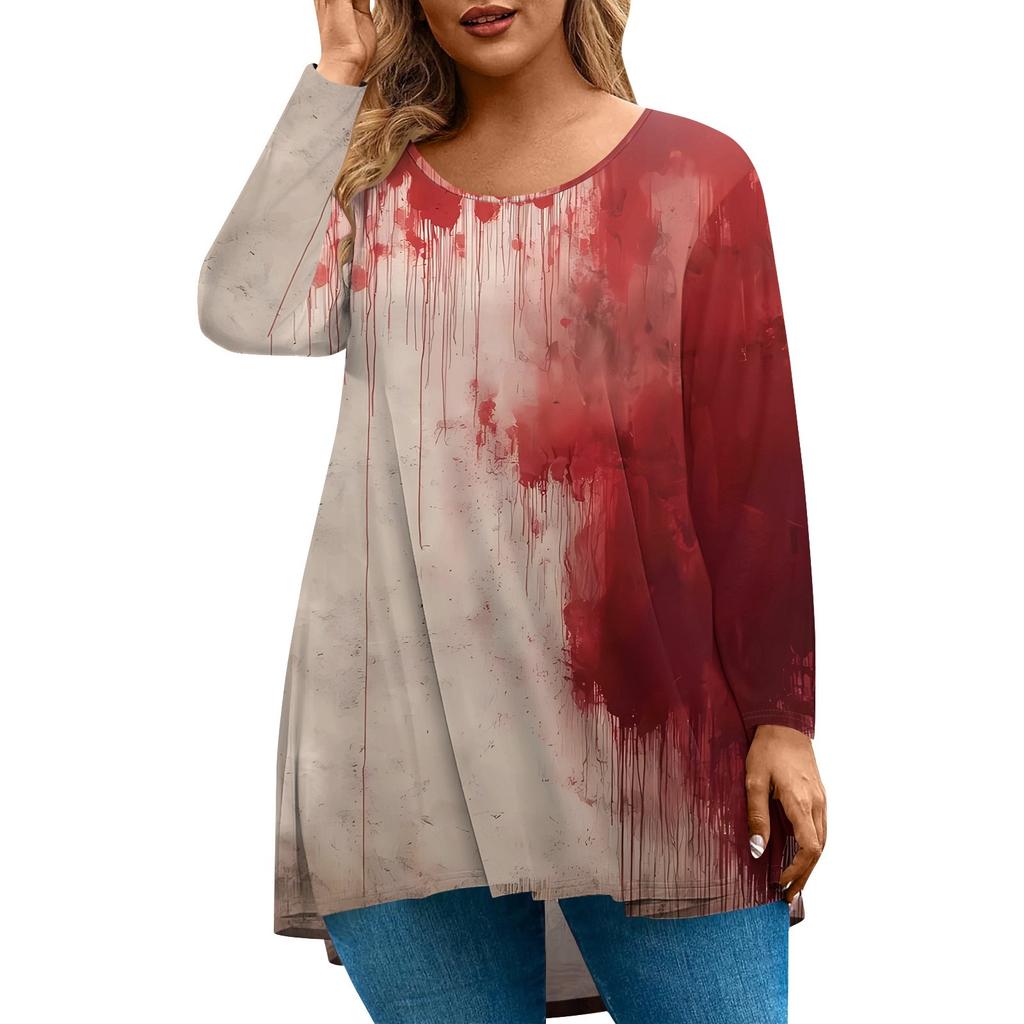 Women's Fashion Large Size Round Neck Long Sleeve Casual Halloween Print Loose Pullover Top