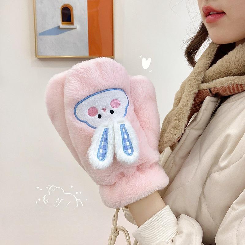 Cartoon Plush Gloves Winter Women's Plush Warm Gloves Student Cycling Windproof Full Finger Gloves Couples Halter Gloves