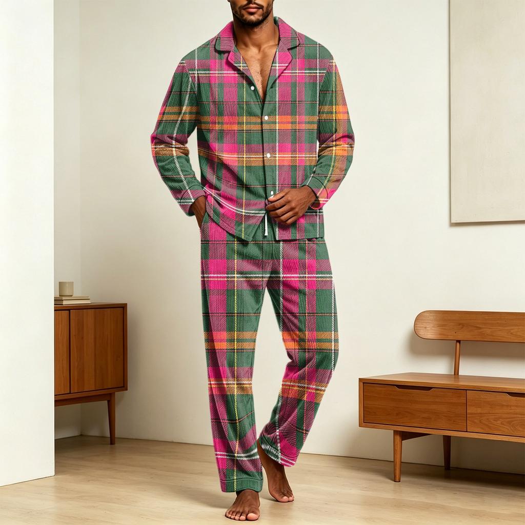 Men's Corduroy Pajama Set - Printed Button Collar Long Sleeve Loose Fit Casual Sleepwear