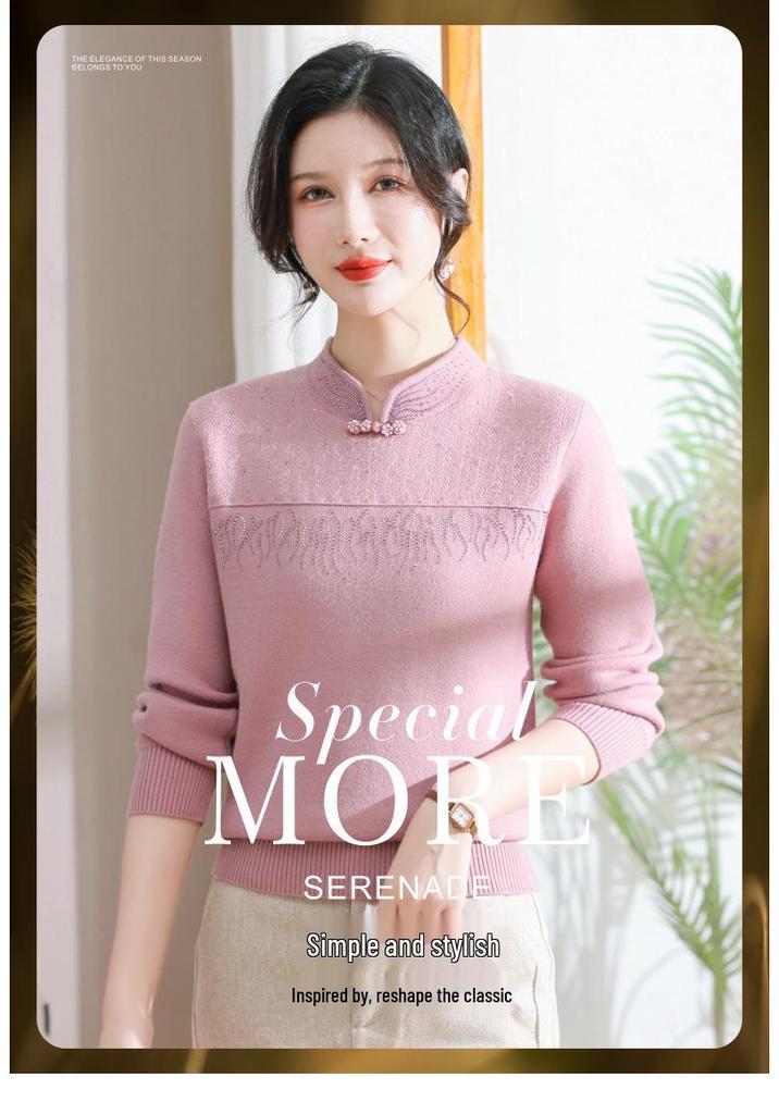 Autumn/Winter Knitted Velvet Sweater for Middle-Aged Women, Stylish Stand-Up Collar Solid Color Base Layer