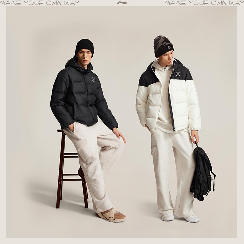 Li Ning Wade Series Windproof Water-Repellent Hooded Logo Color-Block Down Jacket Men outerwear AYMV065-2