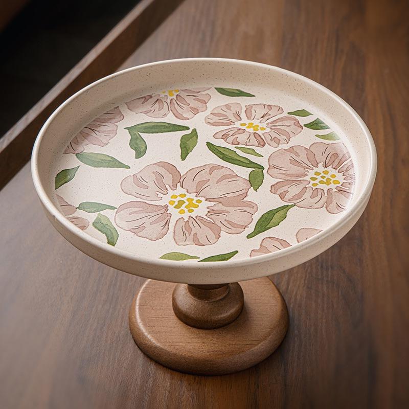 BRWooden Pallet High-sided Cake Plate Porcelain Plate Pink Flowers Fruit Tray Retro Desktop Storage Tray  Kitchen OrganizerEY