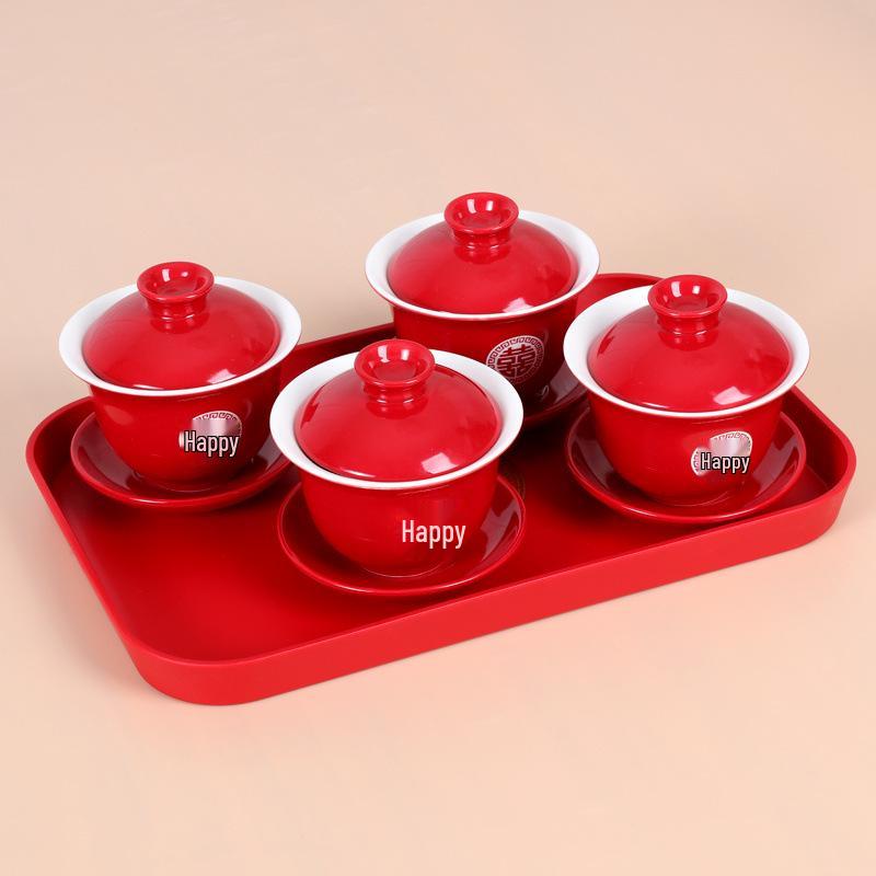 Red Festive Gaiwan and Chopsticks Wedding Tea Set - Pair of Bowls for Sons and Grandsons