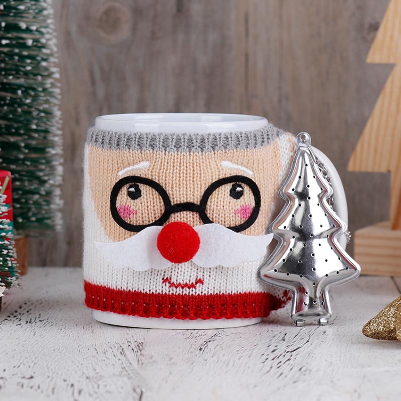 Christmas Ceramic Mug with Knitted Santa Sleeve & Tree Tea Infuser Festive Tea Cup Set Xmas Gift for Tea Enthusiasts