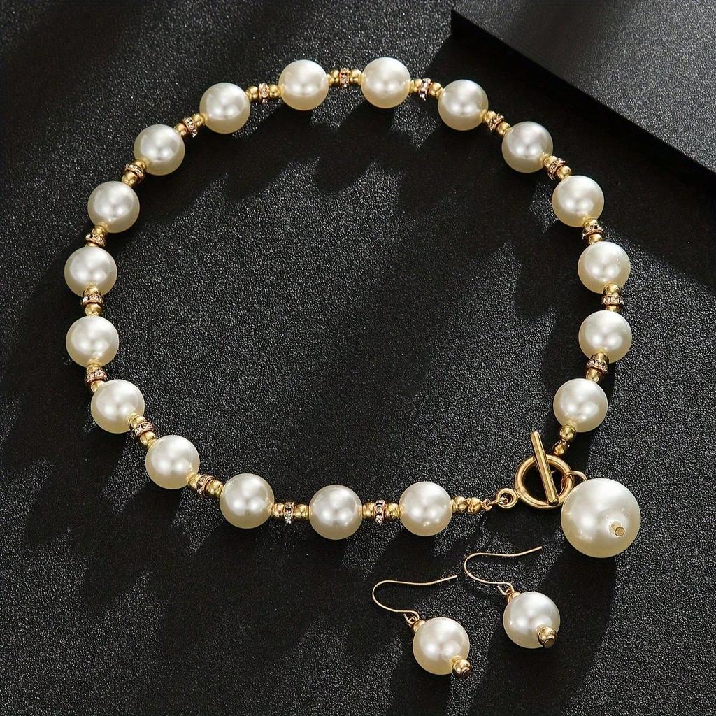 1pcs Light Luxury Gold Imitation Pearl Earring Necklace Set, High-End Clavicle Chain Fashionable Women'S Style