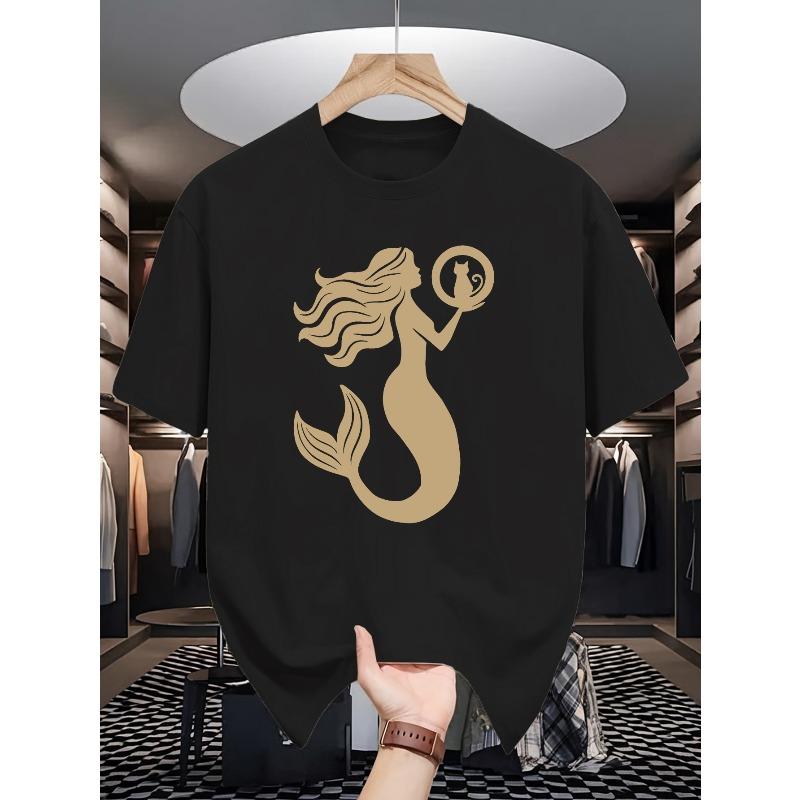 

European sizes Mermaid Men s Summer Short-sleeved T-shirts, Fashionable and Trendy Printed Men s Bottoming Shirts 4XL чорний