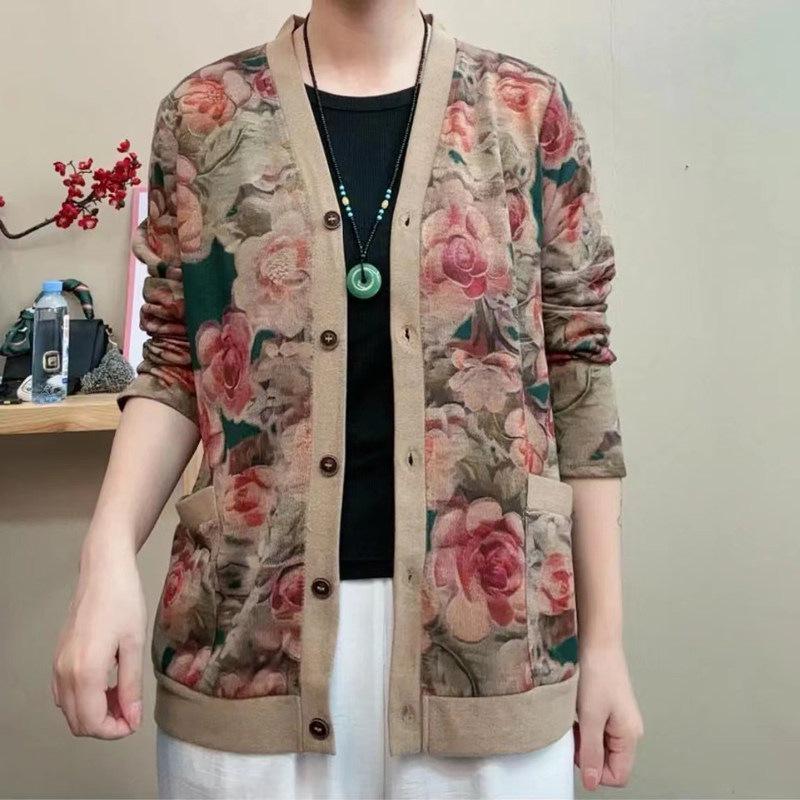 Stylish Autumn V-Neck Knit Cardigan for Middle-Aged & Elderly Women XL