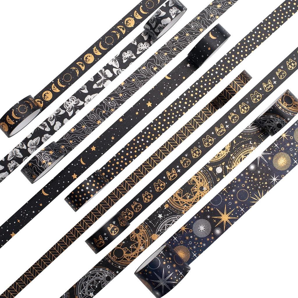 YUBBAEX 9 Rolls of Mysterious Space Masking Foil Super Perfect for Gift DIY and Notebook Decor Tape, Wide, Silver/Gold Stamping, Cute, Thin, Wrapping,