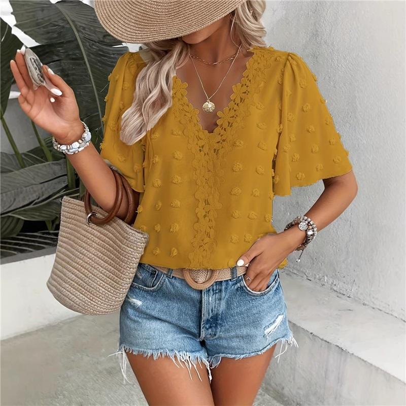 Comfortable Loose Jacquard Lace V-neck Short Sleeved Top For Women