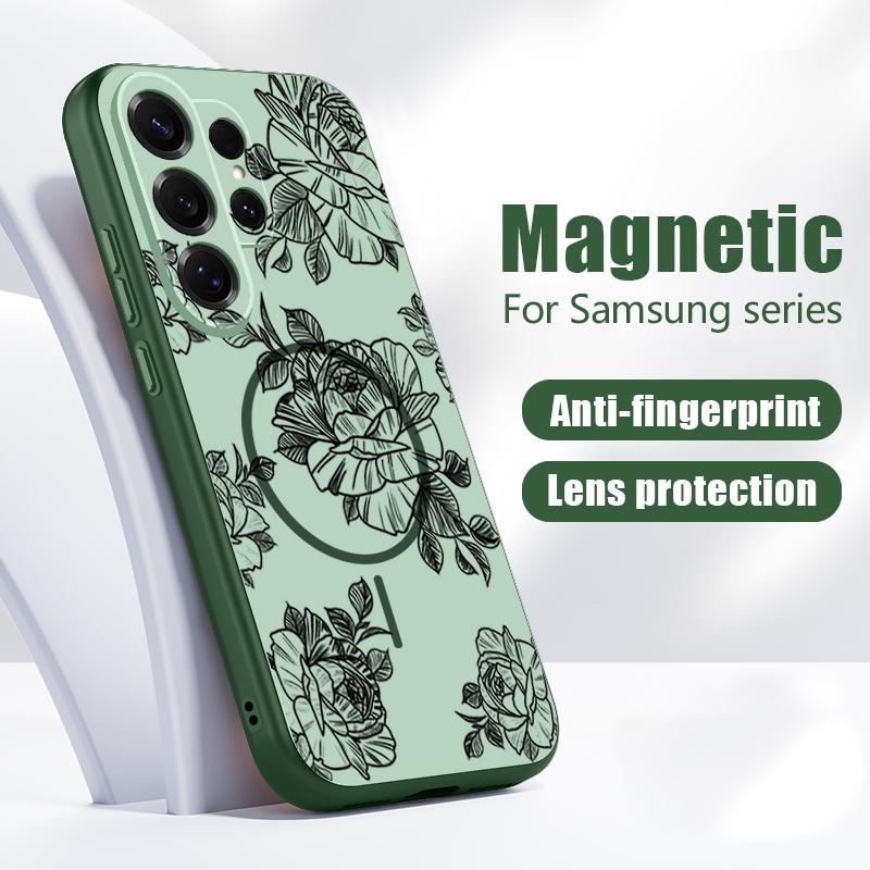 Magnetic For Magsafe Case For Samsung Galaxy S26 Ultra S25 Edge S24 Plus S23 FE S22 A54 A55 A56 5G Sketching Rose Flower Pattern Matte Cover