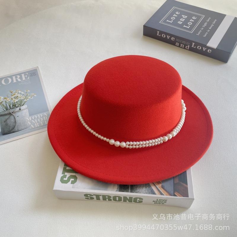 Pearl Chain Flat Top Top Hat Women's Autumn and Winter Warm Woolen Felt Hat Celebrity Retro British Small Fragrant Shopping Fashion Hat