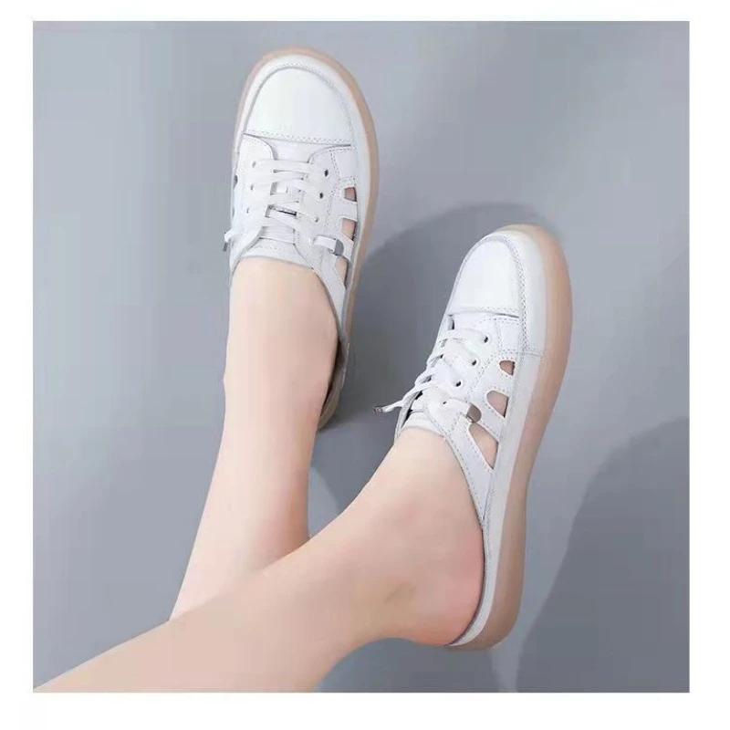 New Women's Shoes Soft Breathable Sandals Hollow White Women Casual Flat Outdoor Light Plus Size Half Slippers Women Sneakers