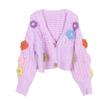 Pulover Floral European-American Toamnă/Iarnă cu Guler în V: Cardigan tricotat scurt, larg, cu mâneci lungi pentru femei