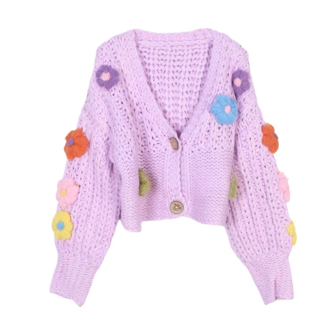 European-American Autumn/Winter V-Neck Floral Sweater: Long-Sleeved, Loose, Short Knitted Cardigan for Women