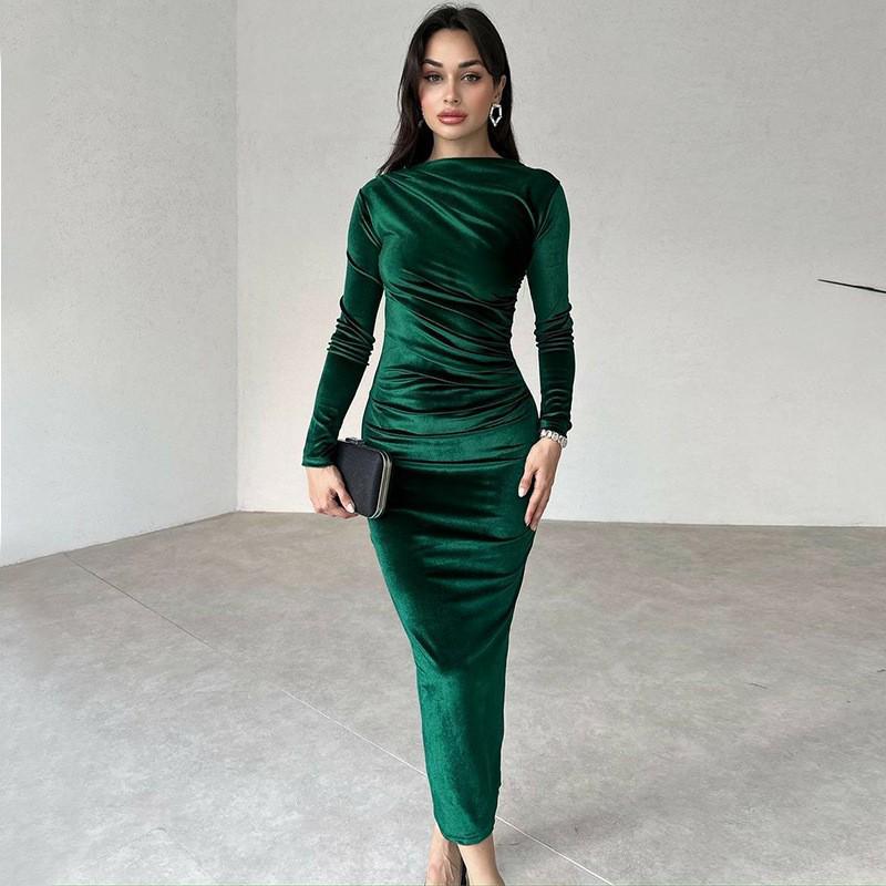 2024 Autumn/Winter Women's Slim Fit Pleated Long Sleeve Evening Gown