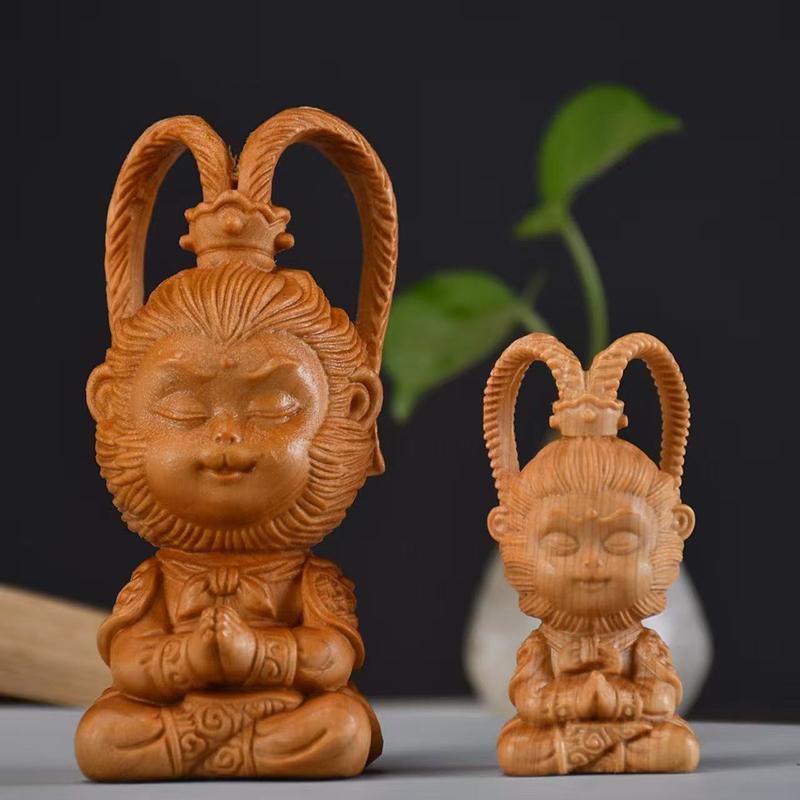 wood carving cartoon  Sun Wukong sculptures and figurines Hand carved solid wood Home Room Office Wealth Luck Feng Shui Decor