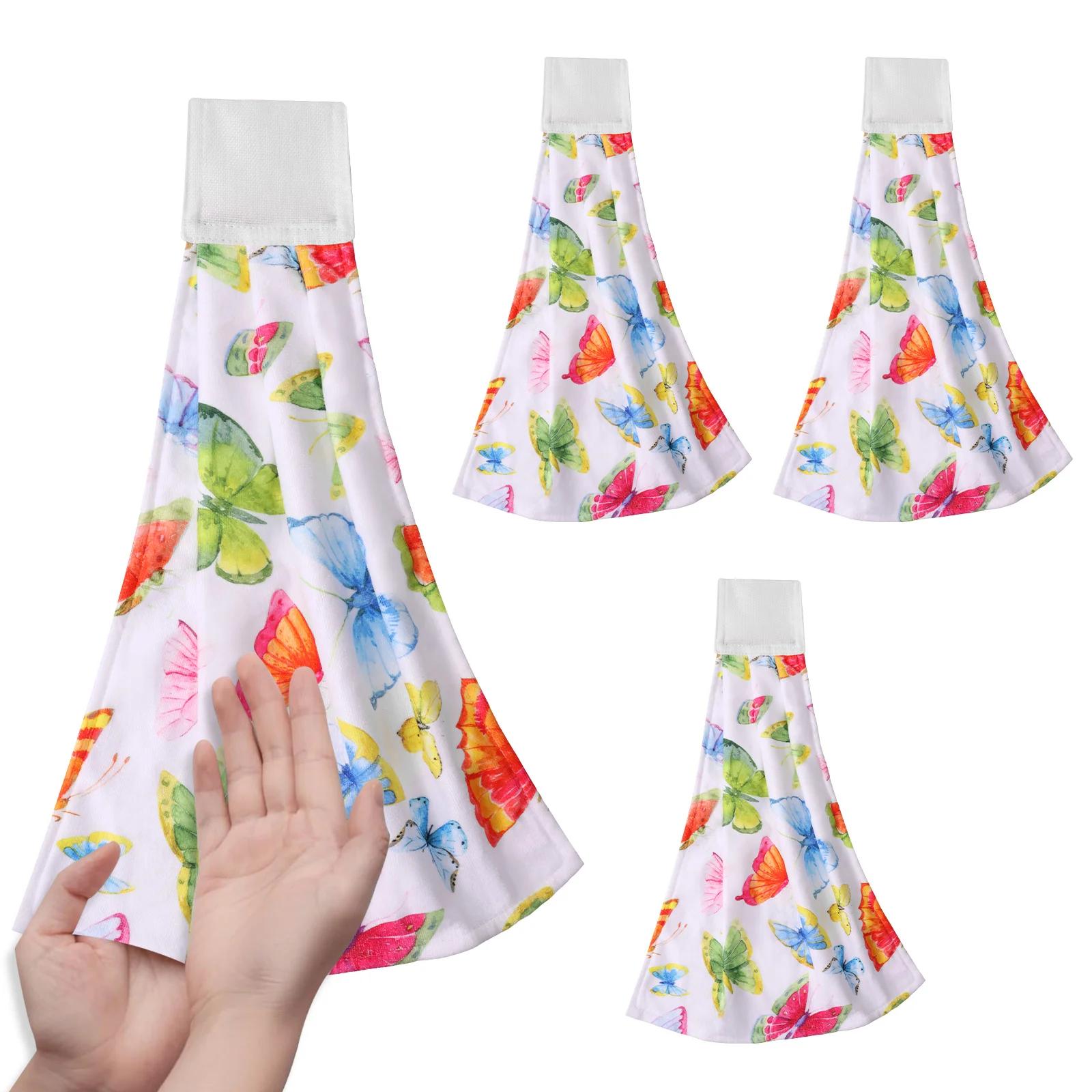 

4Pcs Hanging Hand Towel Set Absorbent Kitchen Cleaning Towel with Hanging Loop Versatile Soft Fast Drying Hanging Tie for Home 4 Pcs