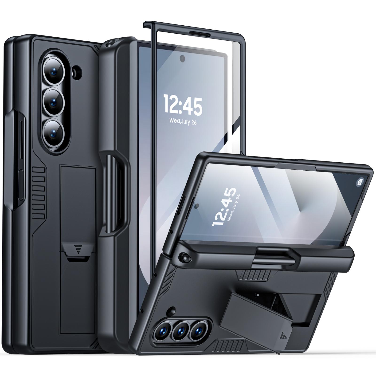 

for Samsung Galaxy Z Fold 6 Phone Case With S Pen Holder, Hidden Stand, Screen Protector, Sturdy Shockproof Protective Case-Black чёрный