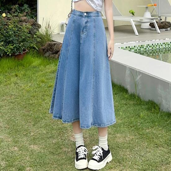 Denim Midi Skirt High Waist Button Zipper Fly A-Line Hem Skirt Solid Color Blue Skirt Office Lady Denim Skirt Daily Wear