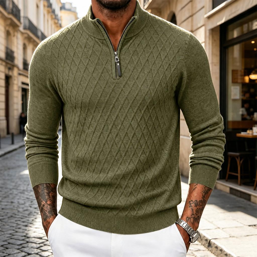 Men's Color Half-Zip Pullover Knit Sweater with Stand Collar