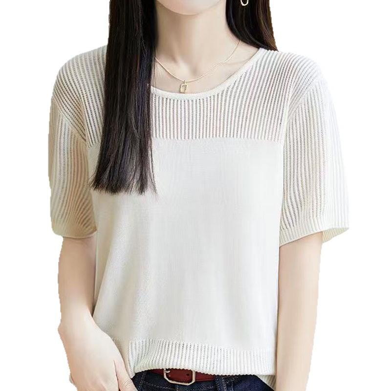 

Модная и универсальная свободная футболка с коротким рукавом для женщин, летняя новинка, свитер из ледяного шелка с круглым вырезом, повседневный топ XXL