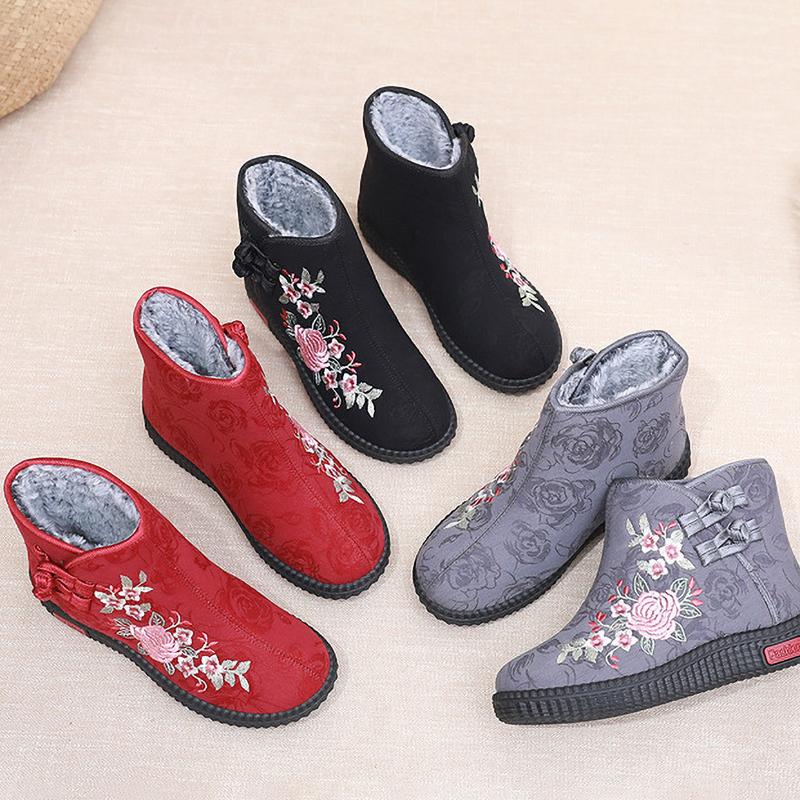 Thickened Floral Embroidery Women's Winter Boots Snow Boots Warm Shoes Mothers Shoes
