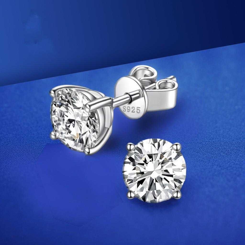 New S925 Sterling Silver Setting Round Faceted Cut Moissanite Diamond Women Ear Stud Earring Pair Fine Jewelry for Women Men