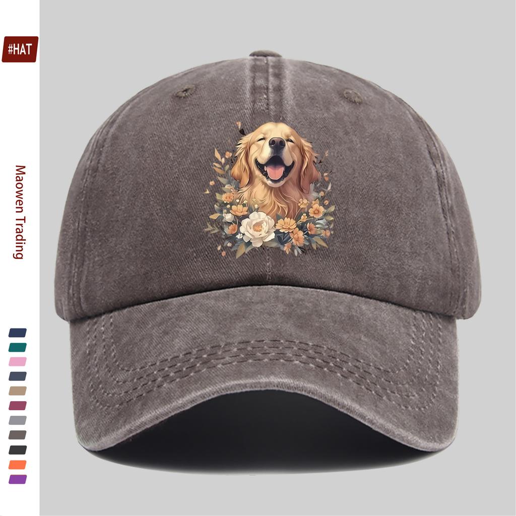 pc Golden Retriever And Floral Print Baseball Cap Cartoon Pet Dog Pattern Trucker Sun Hat Comfortable Lightweight Papa Hat D