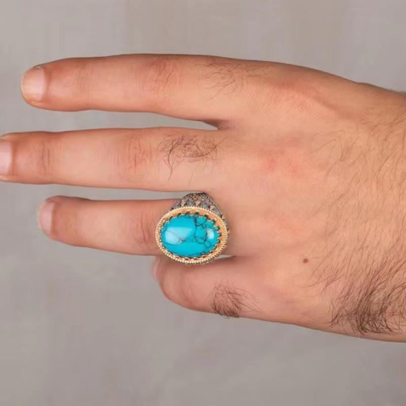 Europäischer und Amerikanischer Punk Neuer Retro Herren Galvanik Zweifarbig Eingelegt Türkis Ring Punk Stil Persönlichkeit Bankett Ring