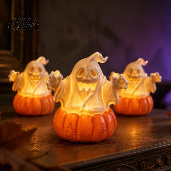 Halloween Party Supplies Pumpkin Light, LED Lighted Ghost Skull Lantern, Spooky Safe Flameless Candles Tabletop Decorative Lamp for Home Indoor