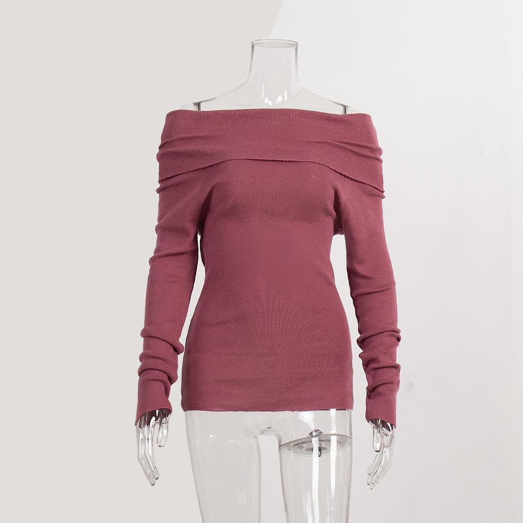 Spring and Autumn Off Shoulder Knitted Shirt Sexy Slimming Solid Color Long Sleeve Women's T-shirts