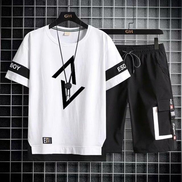 Men's Summer Sports Running Suit Short Sleeve + Shorts 2 Piece Set