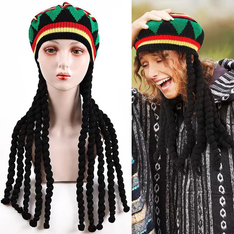 Reggae klobouk s dredy Pohodlný pletený klobouk Paruka Etnický styl Reggae baret Vlněný pletený klobouk ke kostýmu