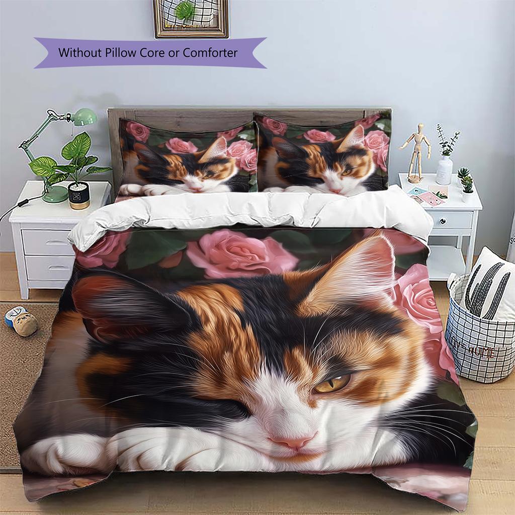 Rosa Calico-Katzenmuster Bettwäsche Heimdekoration Geburtstagsgeschenk (1 Bettbezug + 2 Kissenbezüge, ohne Füllung)