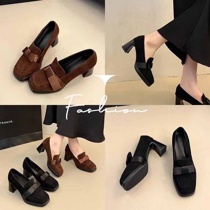 Fashion French retro fashion bow waterproof platform high heels women's shoes 2025 new square head thick heel thick sole single shoes