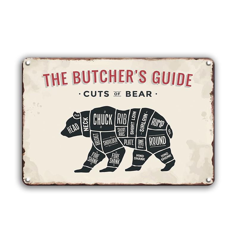 INEED Antikes „The Butcher's Guide“-Blechschild im Vintage-Stil, Tier-Küchen- und Marktdekor, Blechschild, Kunstposter, Metallplatte, Wanddekoration