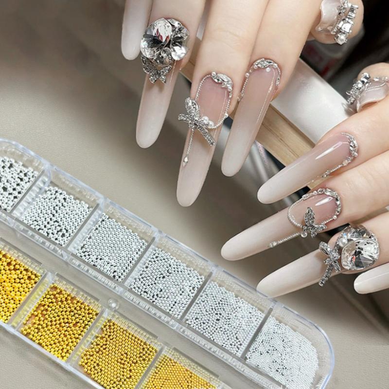 12 Grids Nail Art Tiny Steel Beads 0.6-2Mm Mixed Size 3D Design Gold Silver Jewelry Manicure Tips Charm Micro Ball Diy Decor