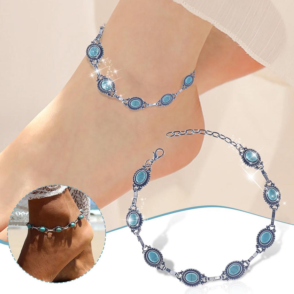 Beach Turquoise Foot Ornaments Simple Versatile Retro Ethnic-style Foot Chain Fashionable Metal Alloy Turquoise Foot Accessory