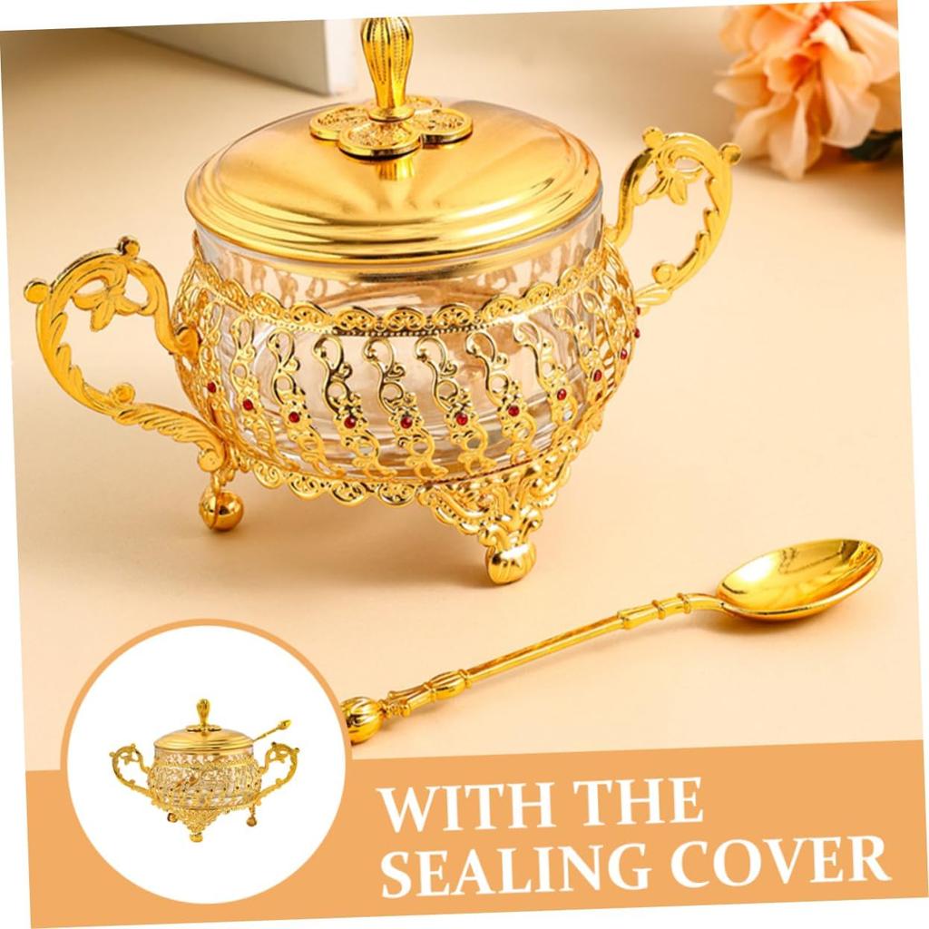 Sugar Bowl with Lid and Spoon Gold Glass Seasoning Spice Jar Candy Jar Set for Kitchen Coffee Bar Wedding Party