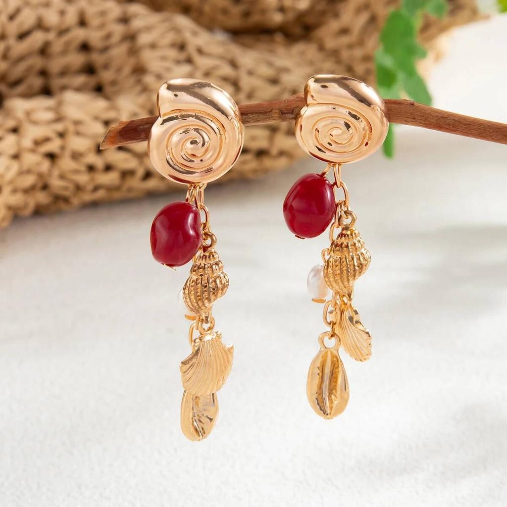 Salircon 1 Pairs Boho Metal Conch Drop Earrings Women Summer Imitation Pearl Resin Beads Tassel Piercing Ear Accessories Jewelry