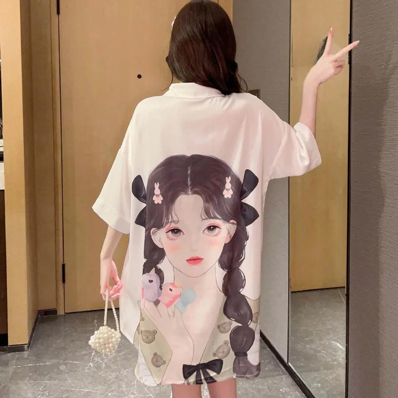 Sexy Nachtwäsche Damen Strickjacke Mittellanger Rock Student Homewear Lose Revers Nachthemden Können Draußen Getragen Werden Damen Nachthemden